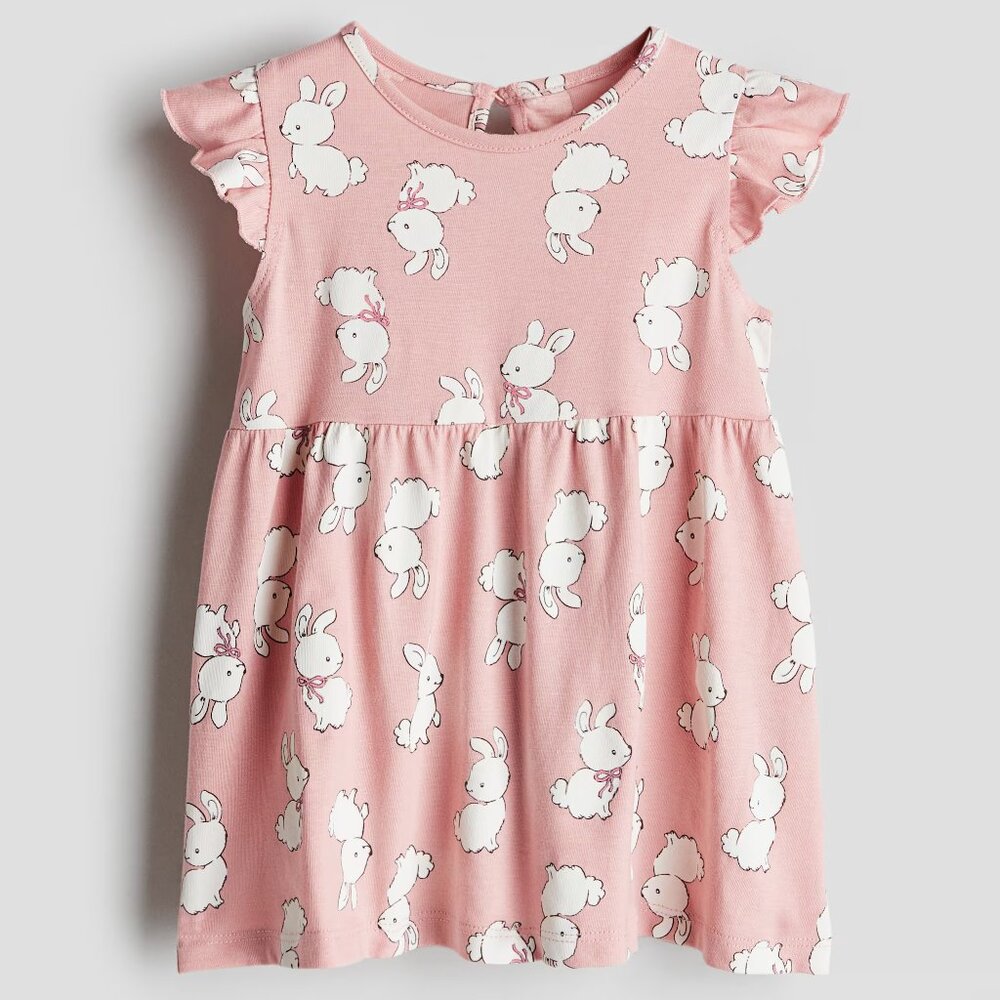 H&M Pink Bunny Rabbit All Over Print Cotton Dress Flutter Sleeve Toddler Size 2T